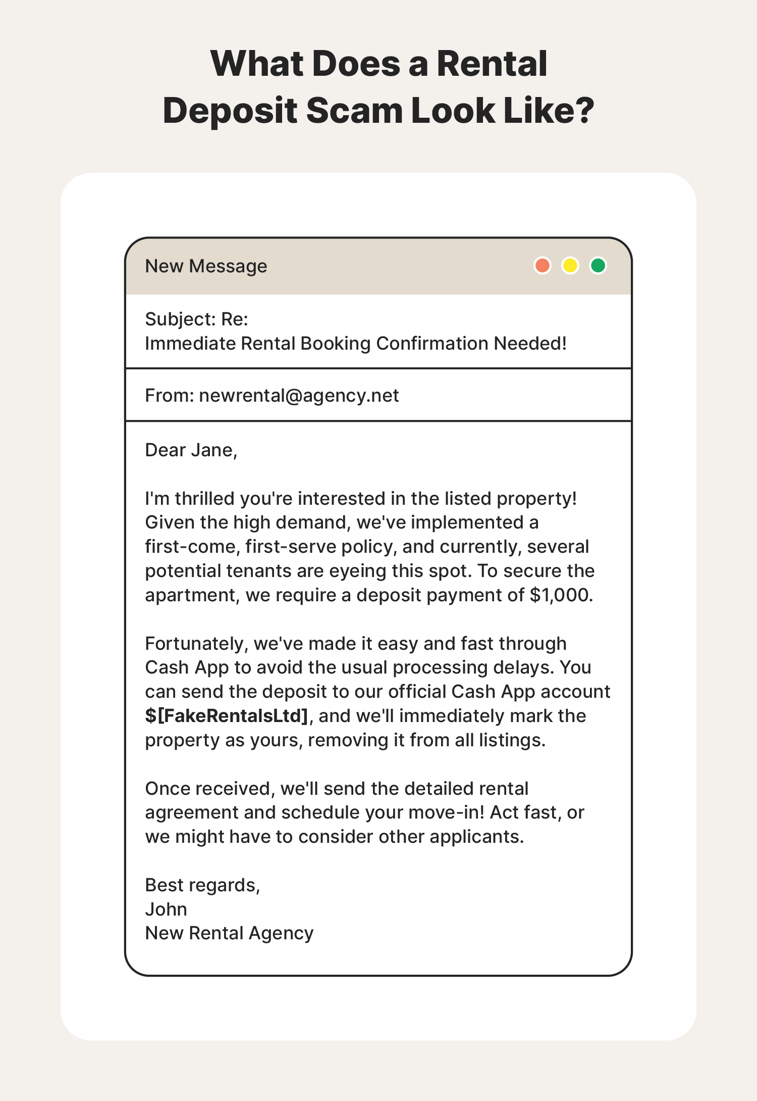 A screenshot shows a common Cash App rental deposit scam.