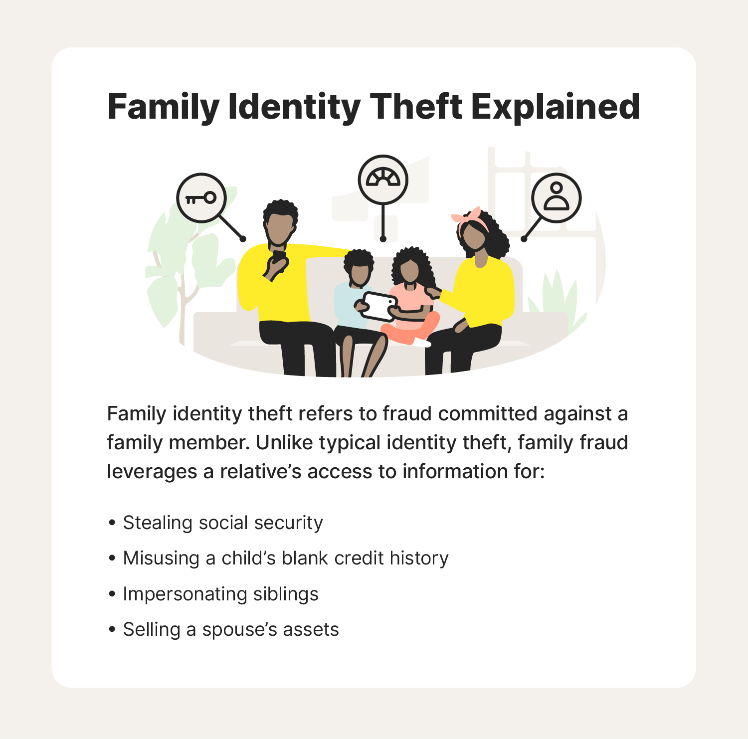 A graphic defining family identity theft and providing examples of it.