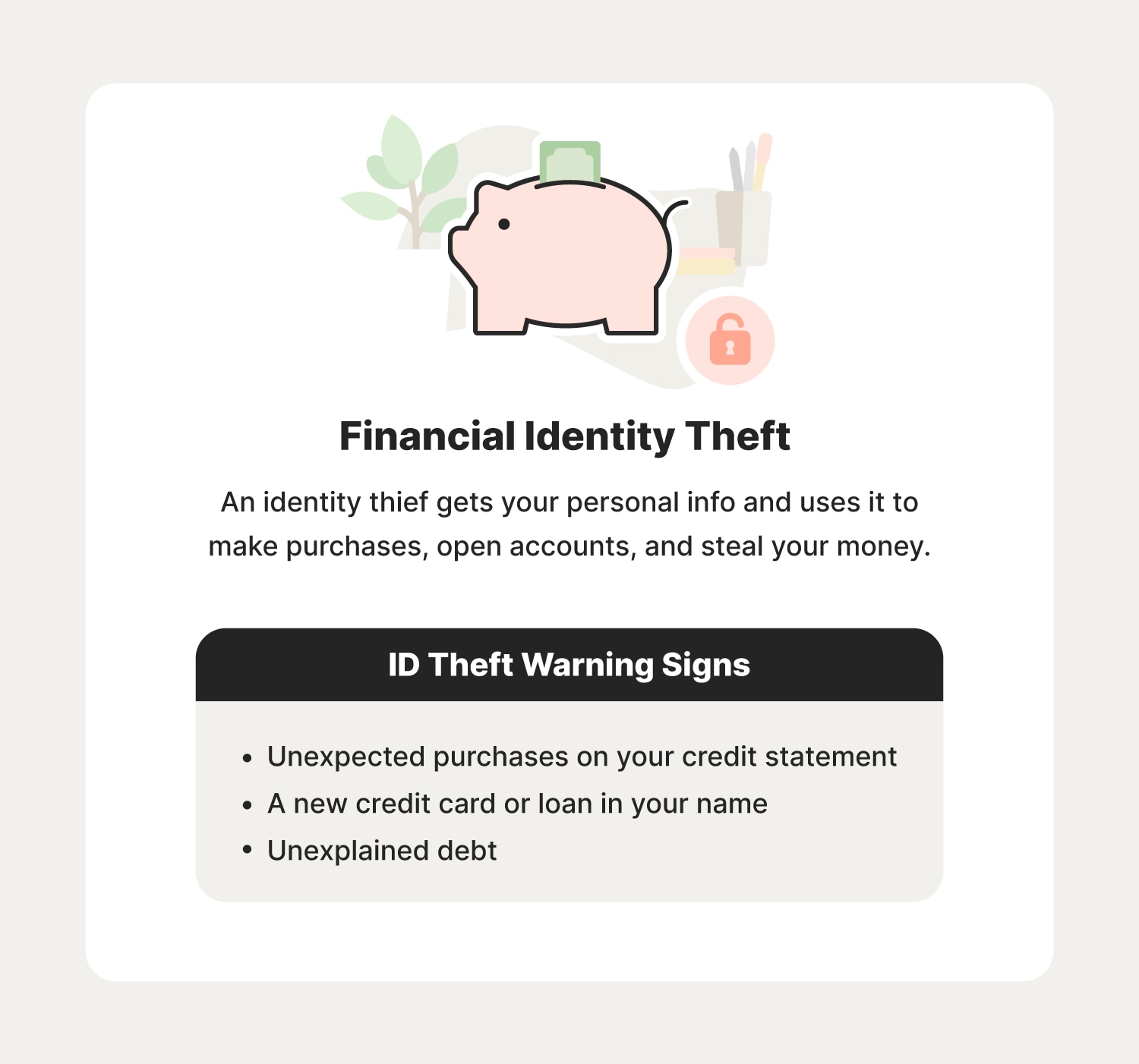 Illustrated chart with information about financial identity theft and some warning signs to look out for.