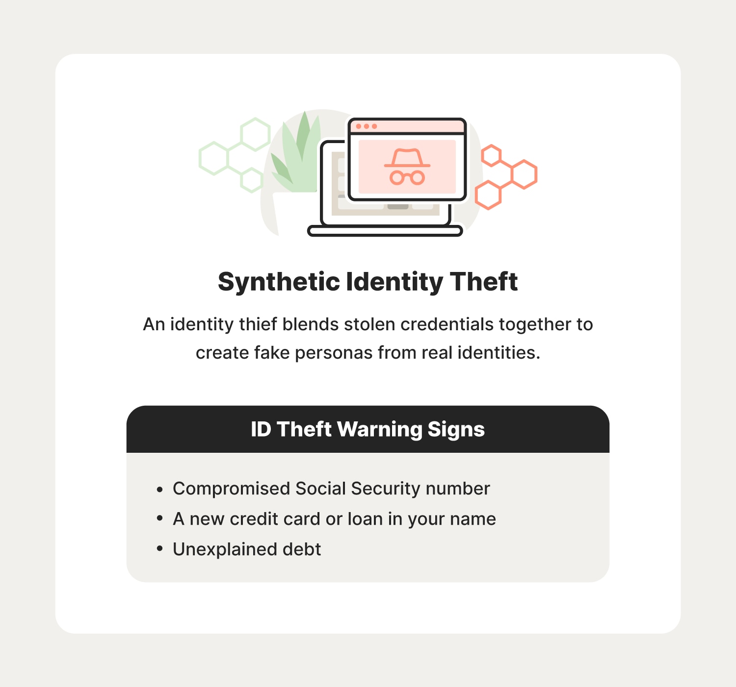 Illustrated chart with information about synthetic identity theft and some warning signs to look out for.