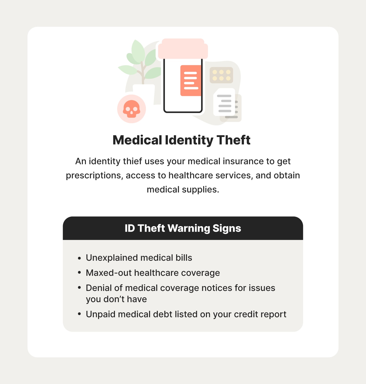 Illustrated chart with information about medical identity theft and some warning signs to look out for.