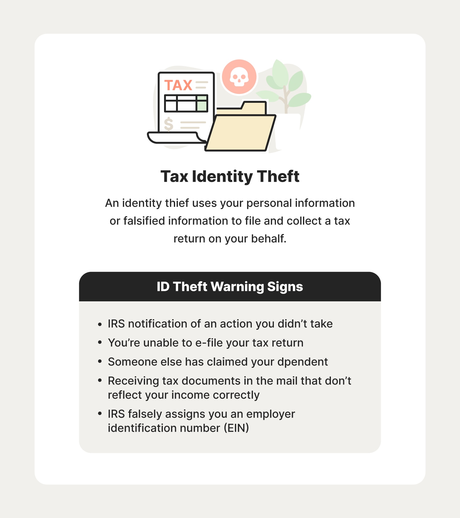 Illustrated chart with information about tax identity theft and some warning signs to look out for.