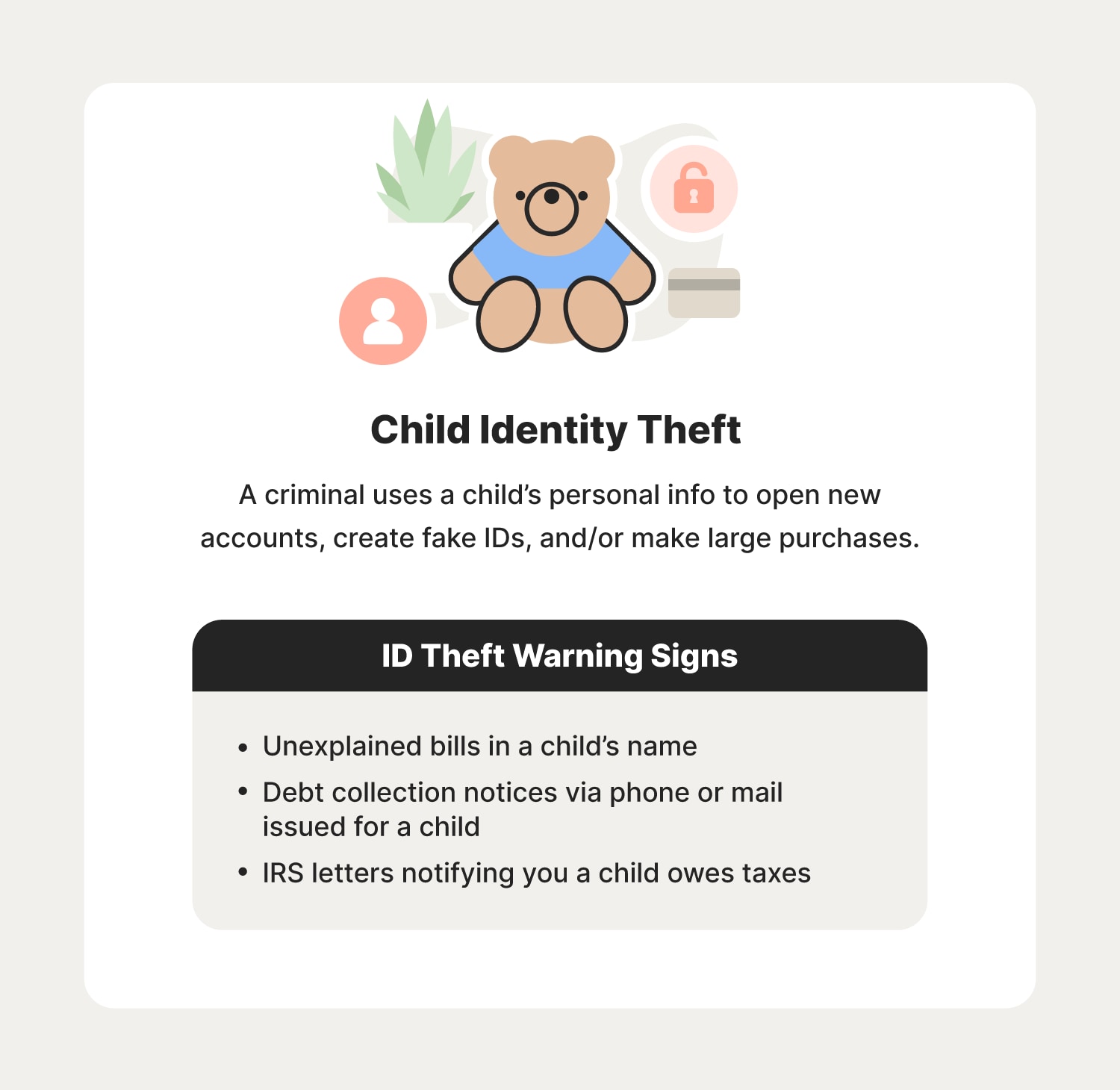 Illustrated chart with information about child identity theft and some warning signs to look out for. 