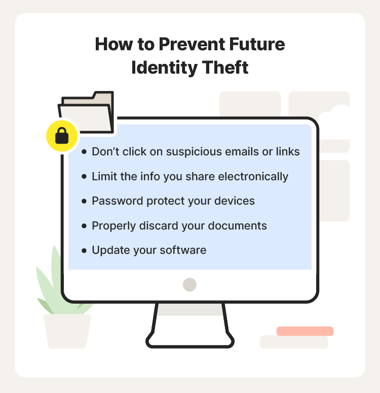 A graphics showcasing tips on how to prevent future identity theft and how to recover from identity theft.