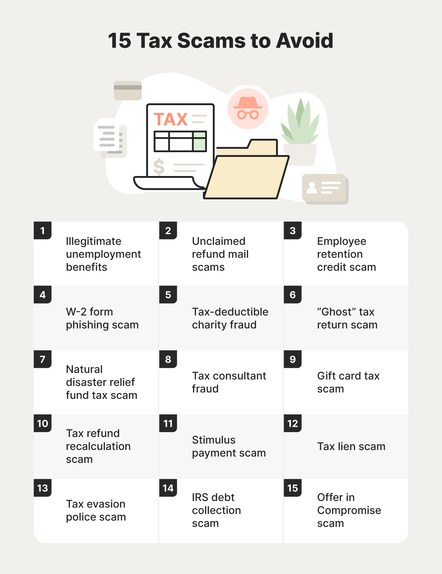 A graphic shares fifteen tax scams to avoid.