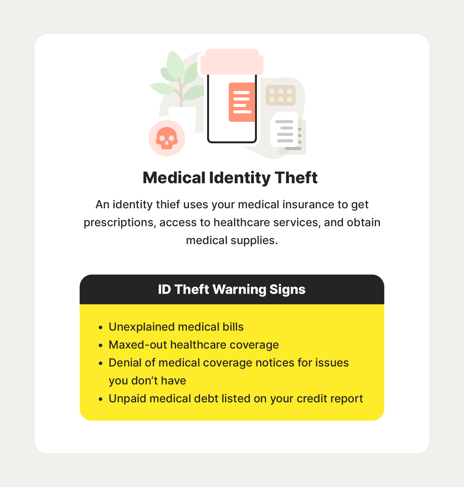 A graphic describes medical identity theft, a type of identity theft to keep an eye on when learning how to avoid identity theft.