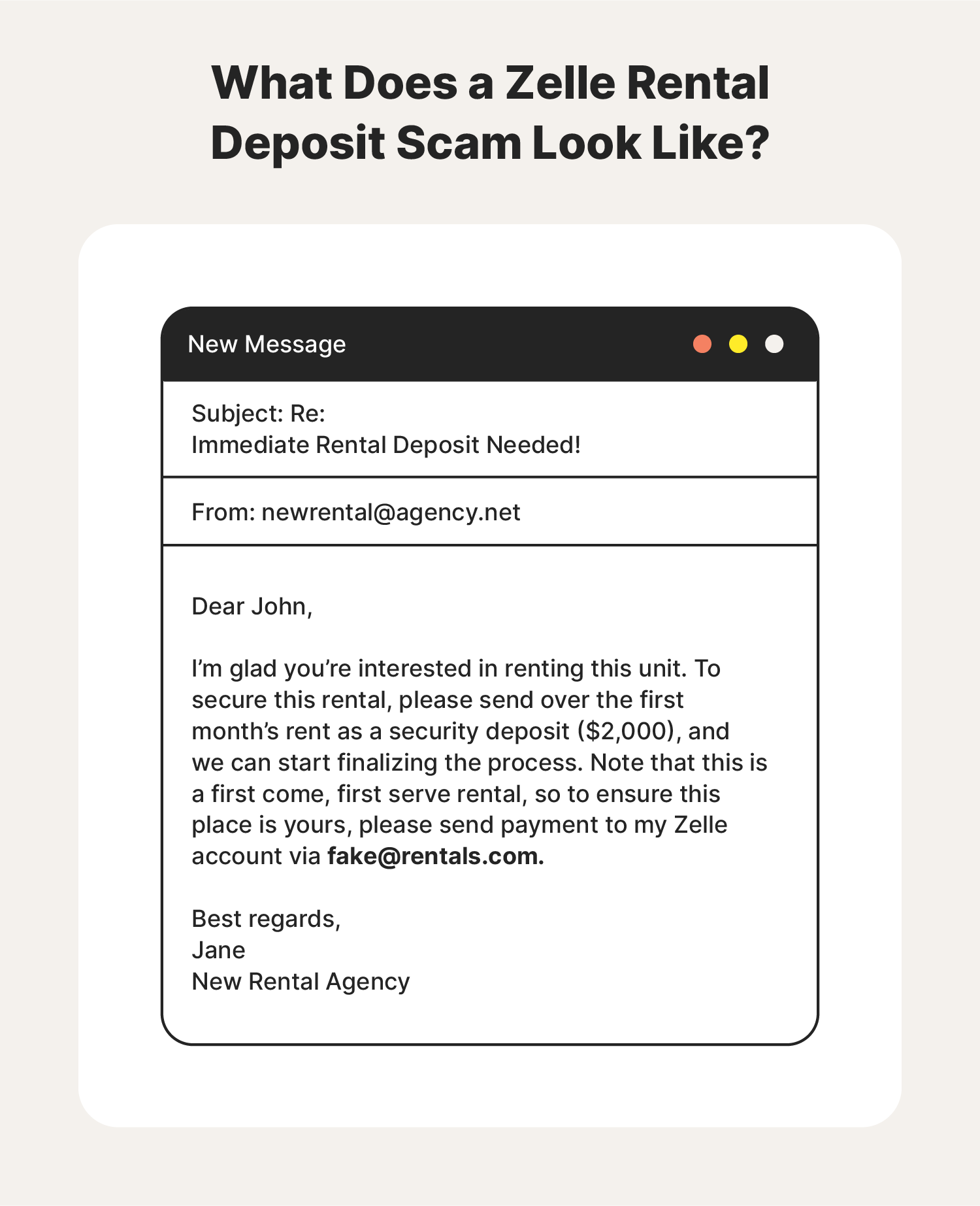 An illustration of a rental deposit scam message screenshot.